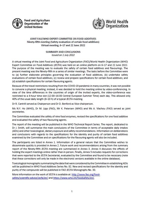 Ninety-fifth meeting - Joint FAO/WHO Expert Committee on Food Additives (JECFA)