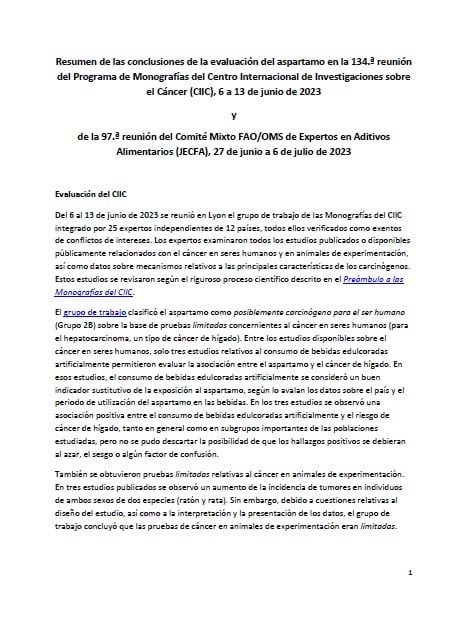 Resumen de las conclusiones de la evaluación del aspartamo en la 134.ª reunión del Programa de Monografías del Centro Internacional de Investigaciones sobre el Cáncer y de la 97.ª reunión del Comité Mixto FAO/OMS de Expertos en Aditivos Alimentarios